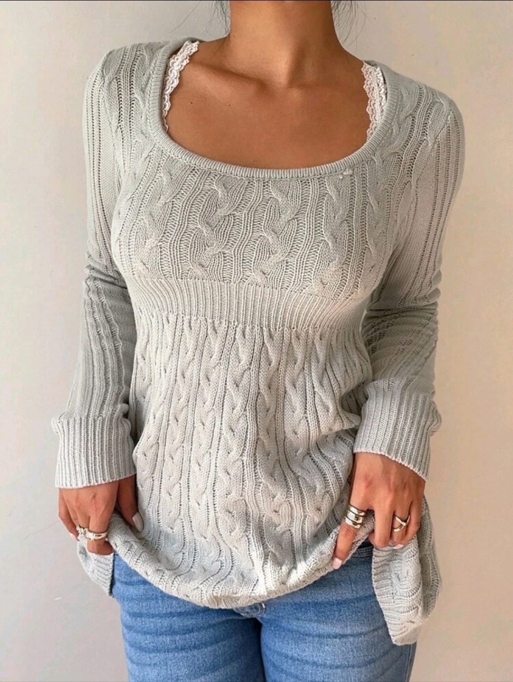 SHEIN Light Gray Cable Knit Scoop Neck Sweater